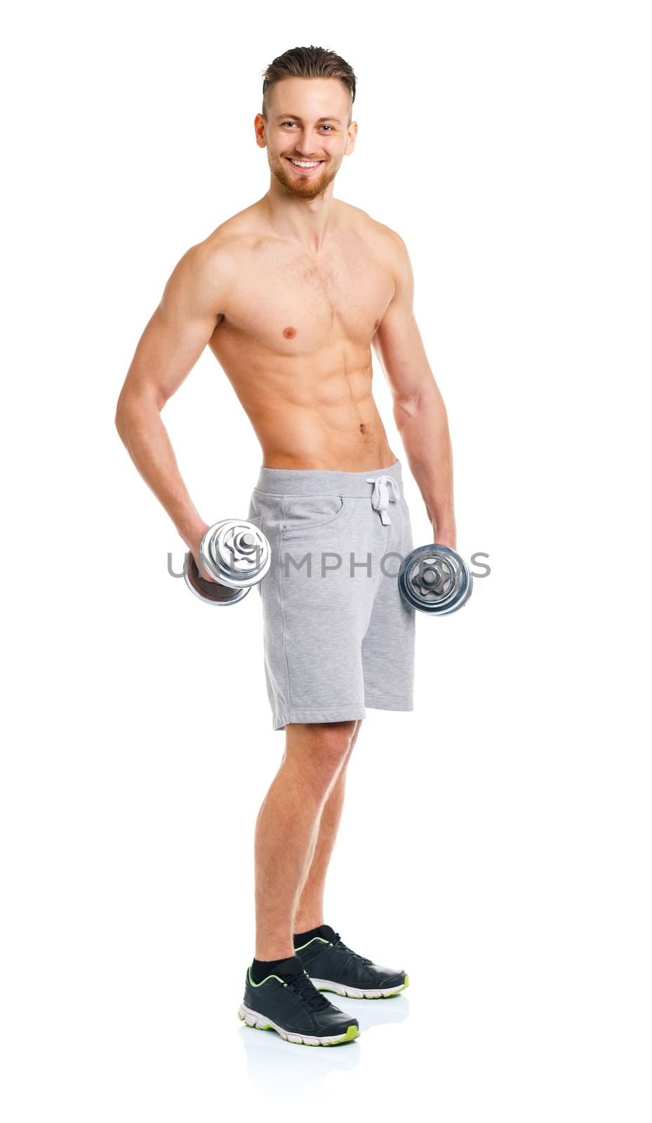 Sport man with dumbbells on the white background