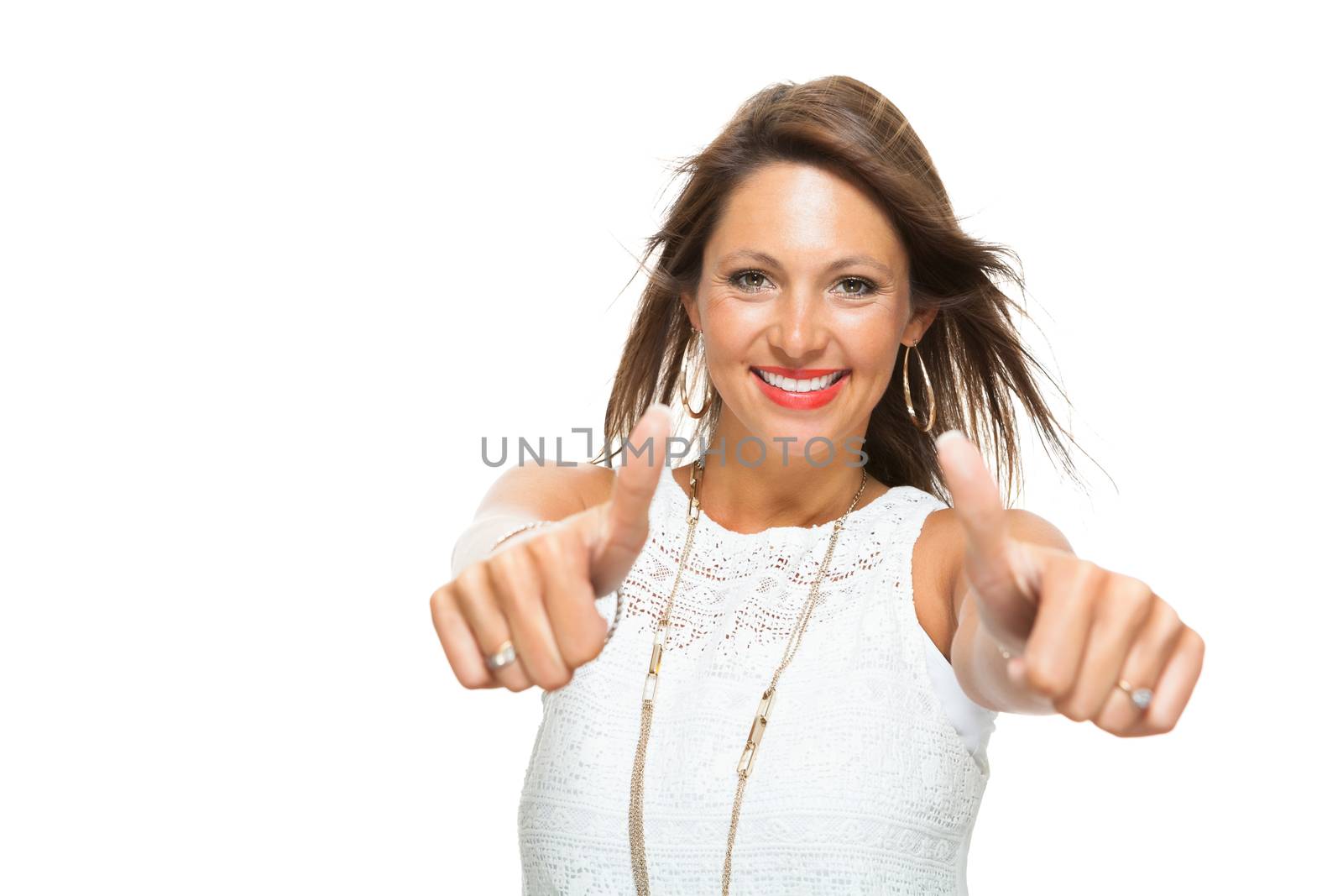 Close up Stylish Pretty Woman in Showing Two Thumbs up Signs at the Camera. Isolated on White Background.