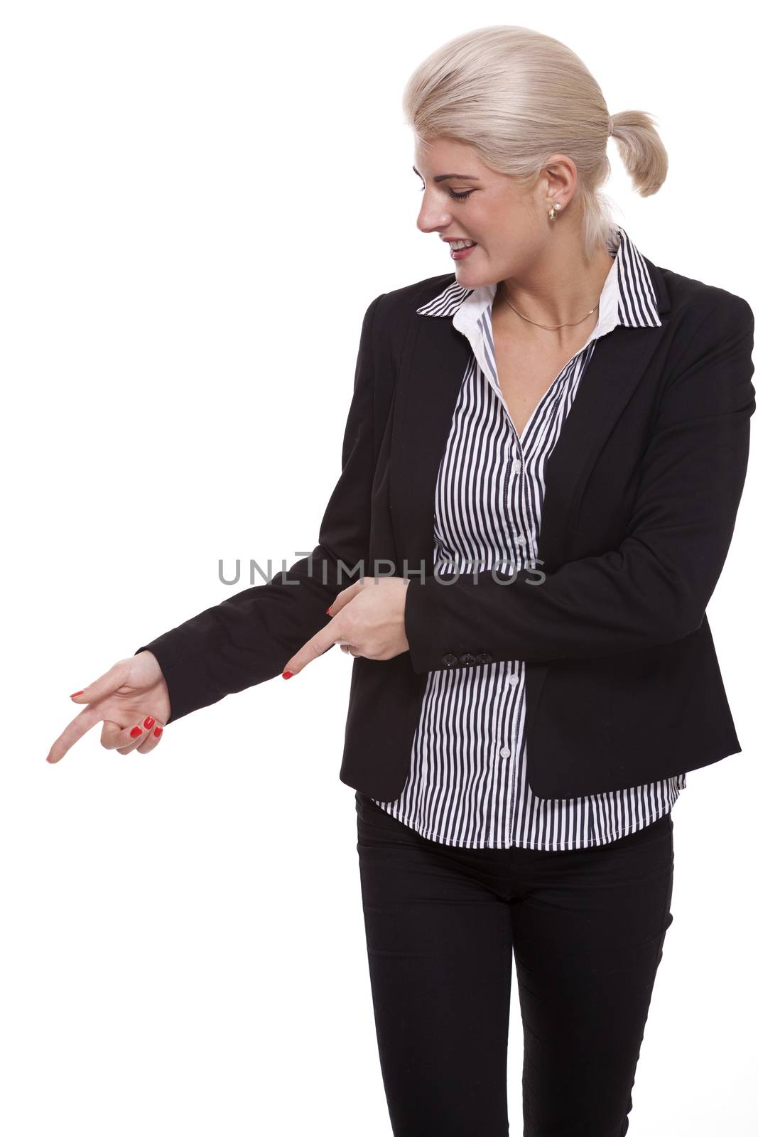 Businesswoman Pointing Up While Looking at Camera by juniart