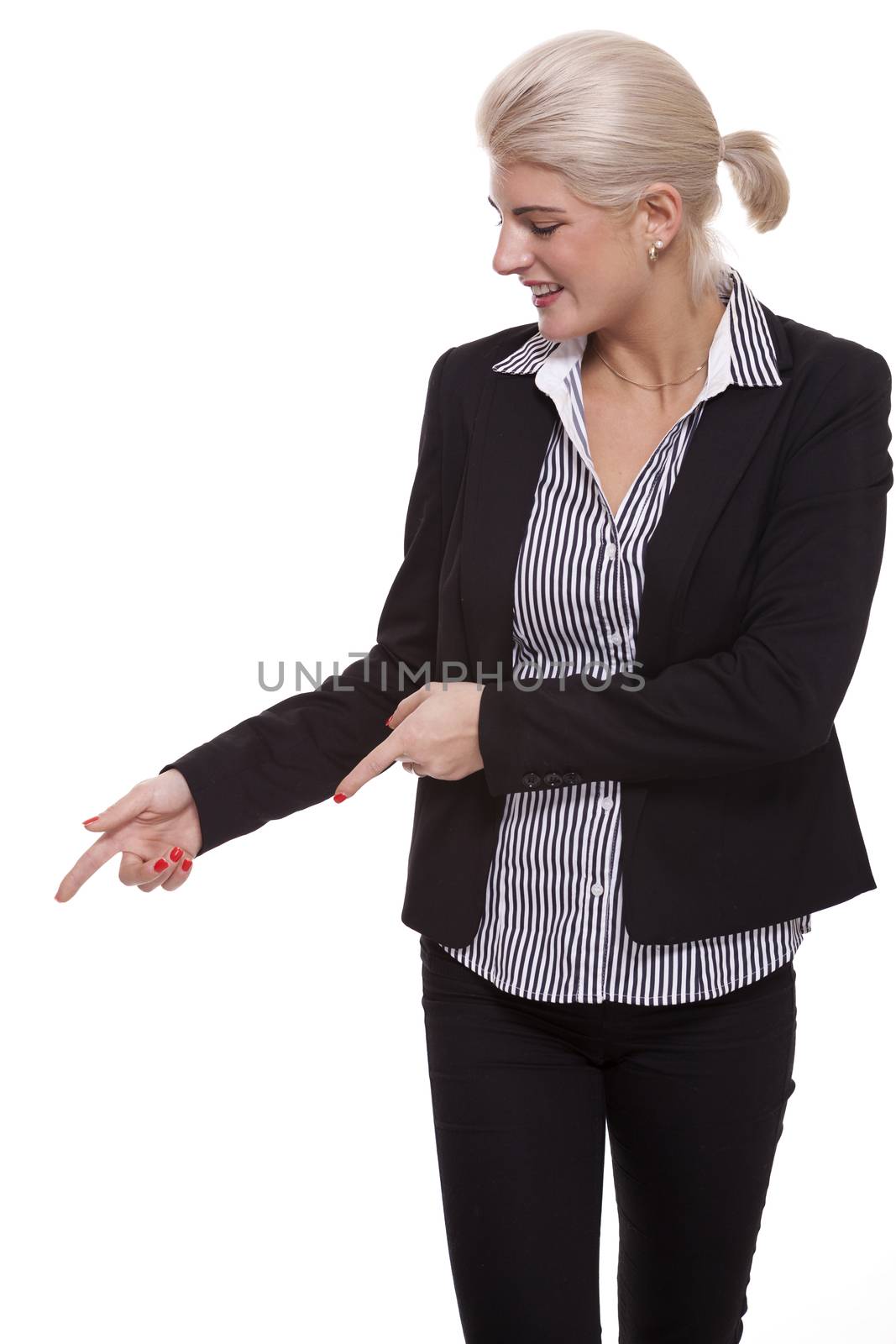 Close up Pretty Smiling Young Businesswoman Pointing Up with her Two Hands While Looking at the Camera. Isolated on White Background.