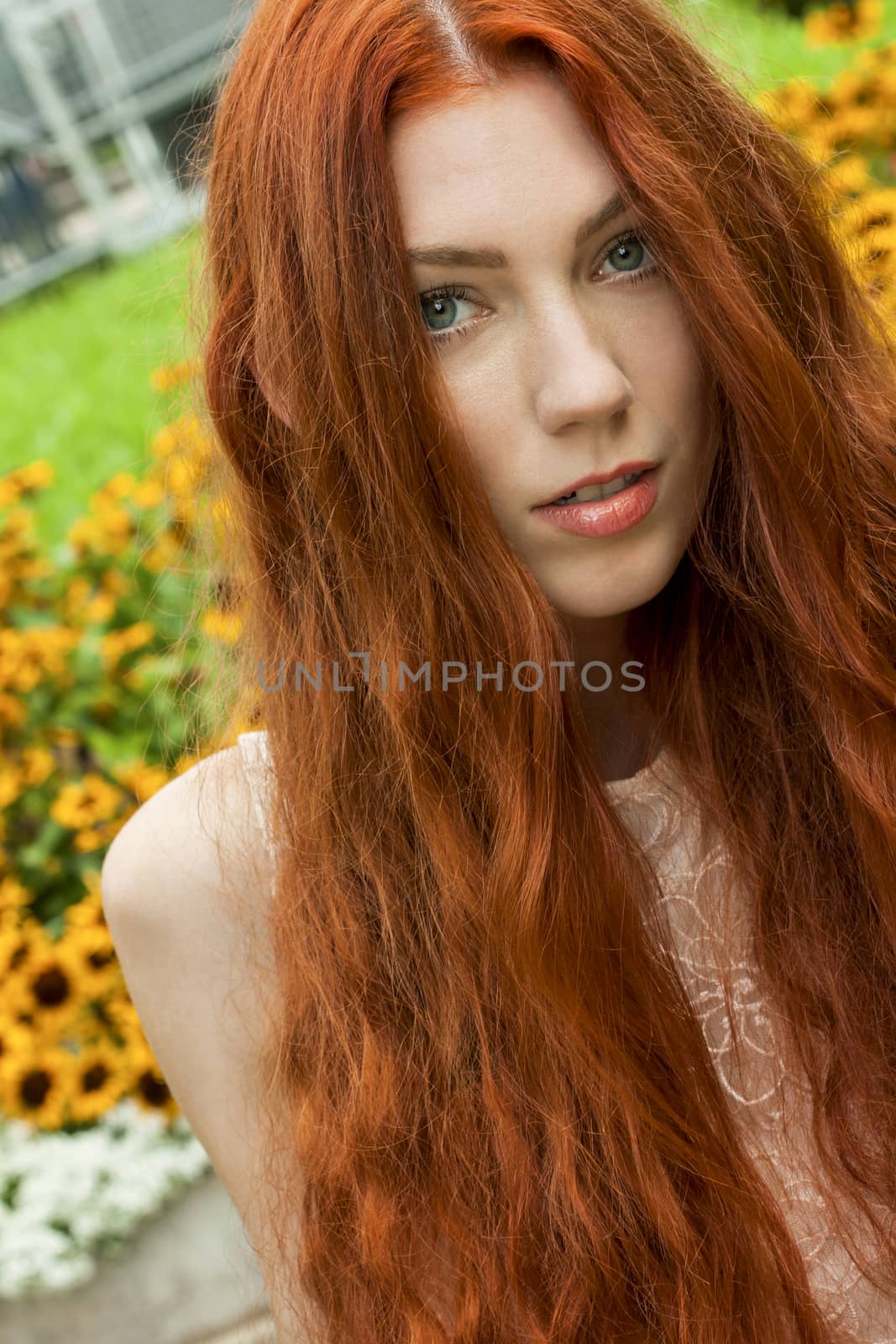 Close up Young Woman with long red Hair Relaxing at the Garden While Looking Afar