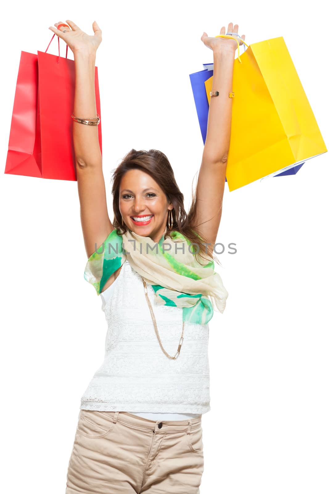 Happy Woman Raising Colored Shopping Bag by juniart