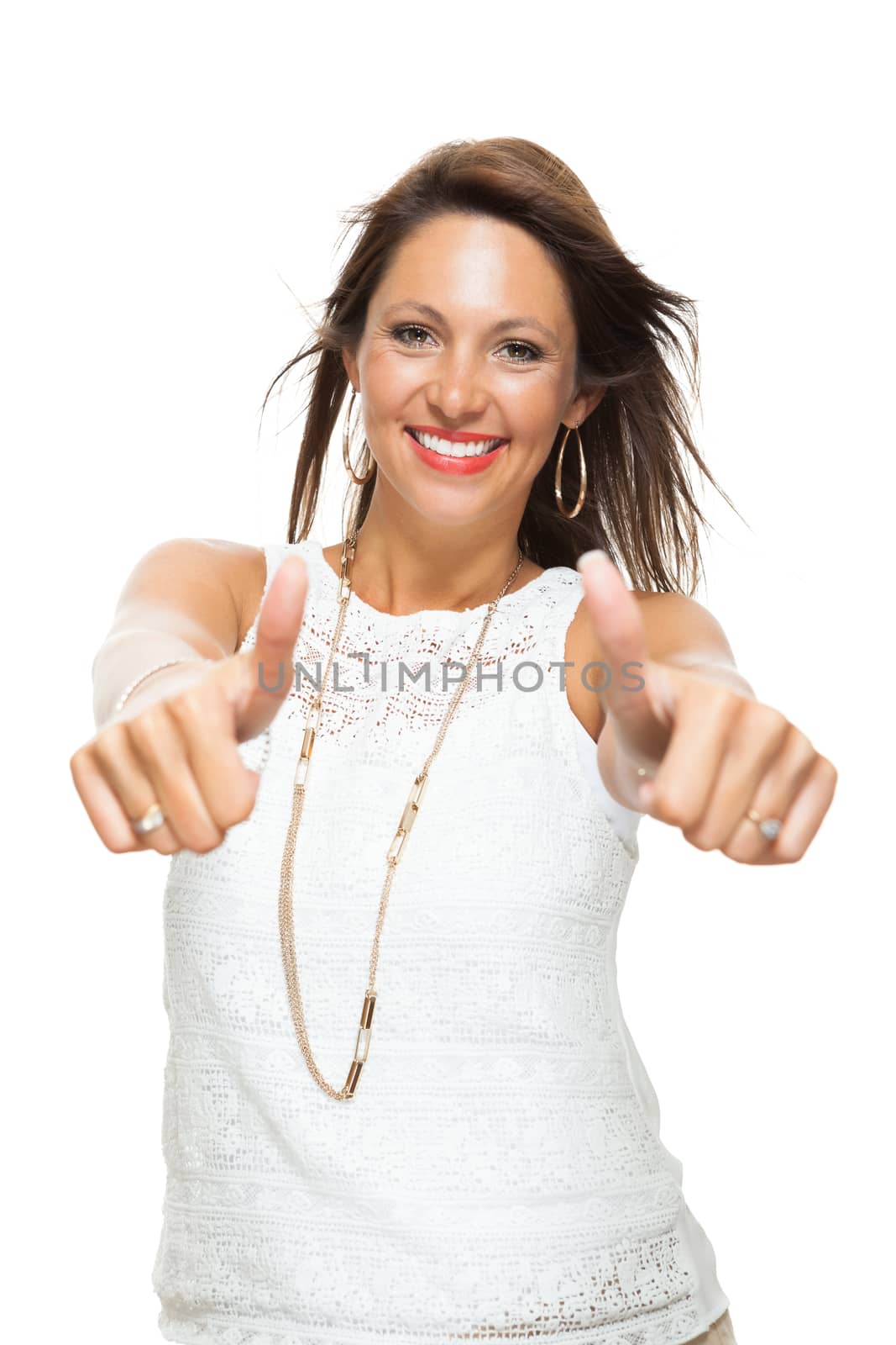Close up Stylish Pretty Woman in Showing Two Thumbs up Signs at the Camera. Isolated on White Background.