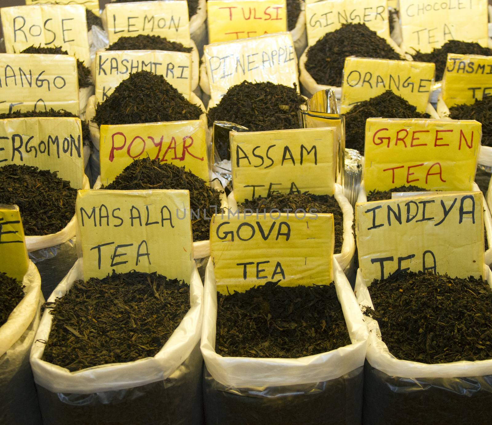 Different tea flavors found in flea market, Goa, India.