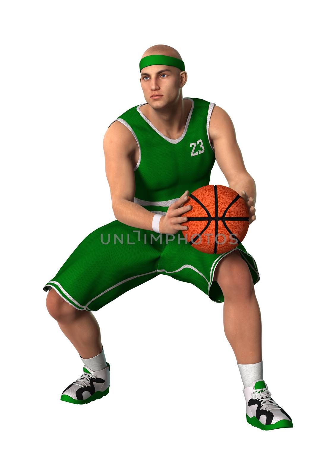3D digital render of a basketball player with a ball isolated on white background