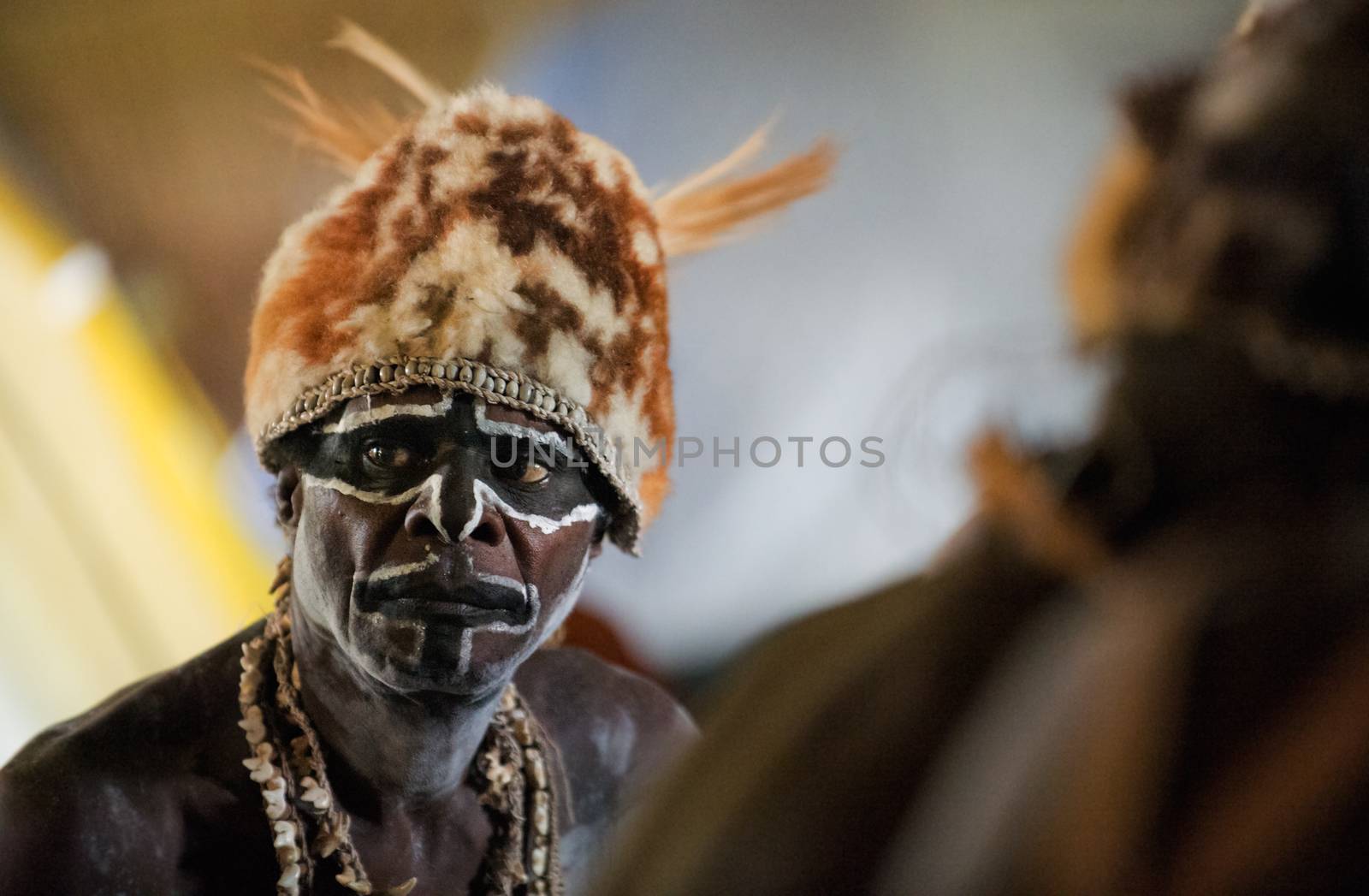 JOW VILLAGE, ASMAT DISTRICT, NEW GUINEA, INDONESIA - JUNE 28: Headhunter of a tribe of Asmat shows traditional and national dresses. June 28, 2012, Jow Village, Asmat, Irian Jaya province, Indonesia 