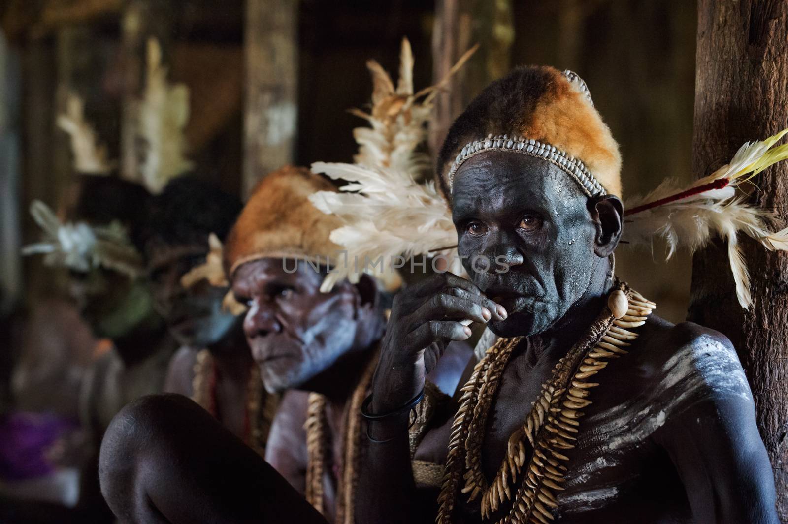 JOW VILLAGE, ASMAT DISTRICT, NEW GUINEA, INDONESIA - JUNE 28: Headhunter of a tribe of Asmat shows traditional and national dresses. June 28, 2012, Jow Village, Asmat, Irian Jaya province, Indonesia 