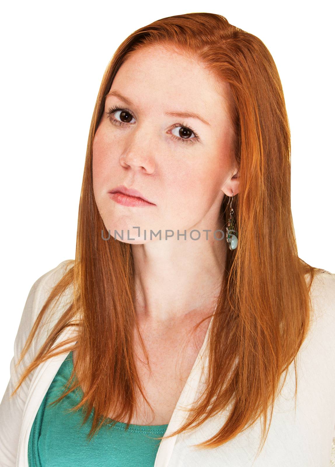 Single red haired white female with strict expression