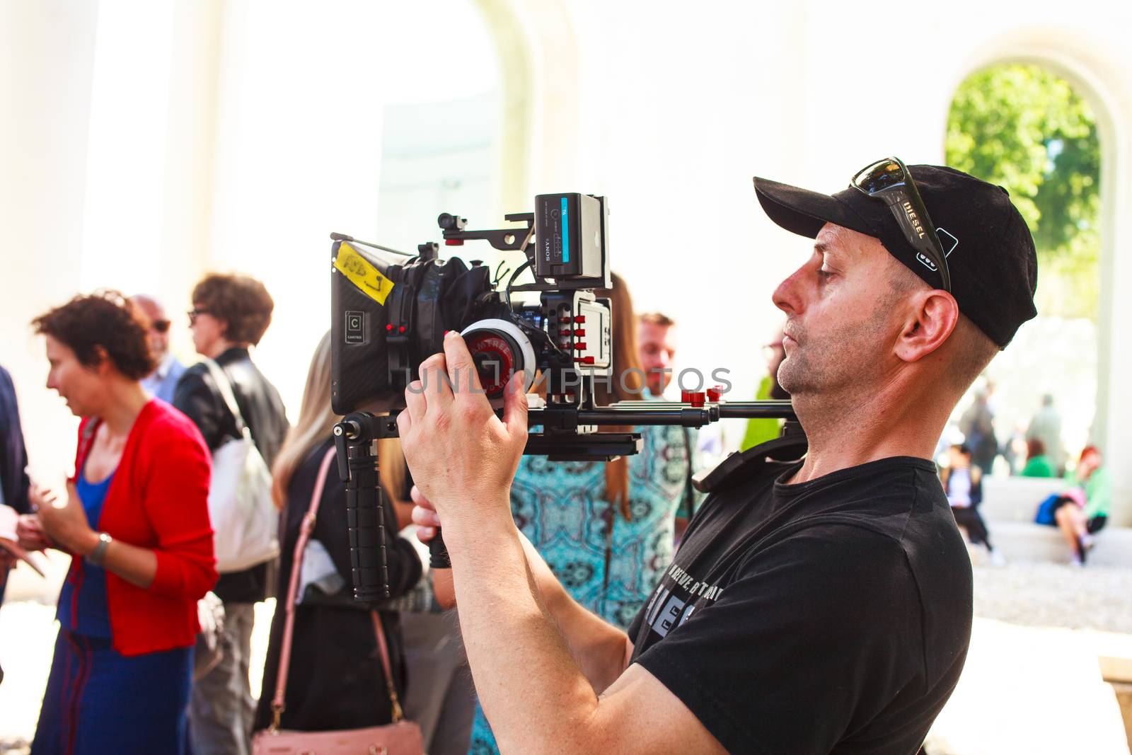 VENICE, ITALY - MAY 06: Cameraman in action during the 56th Venice Biennale on May 06, 2015