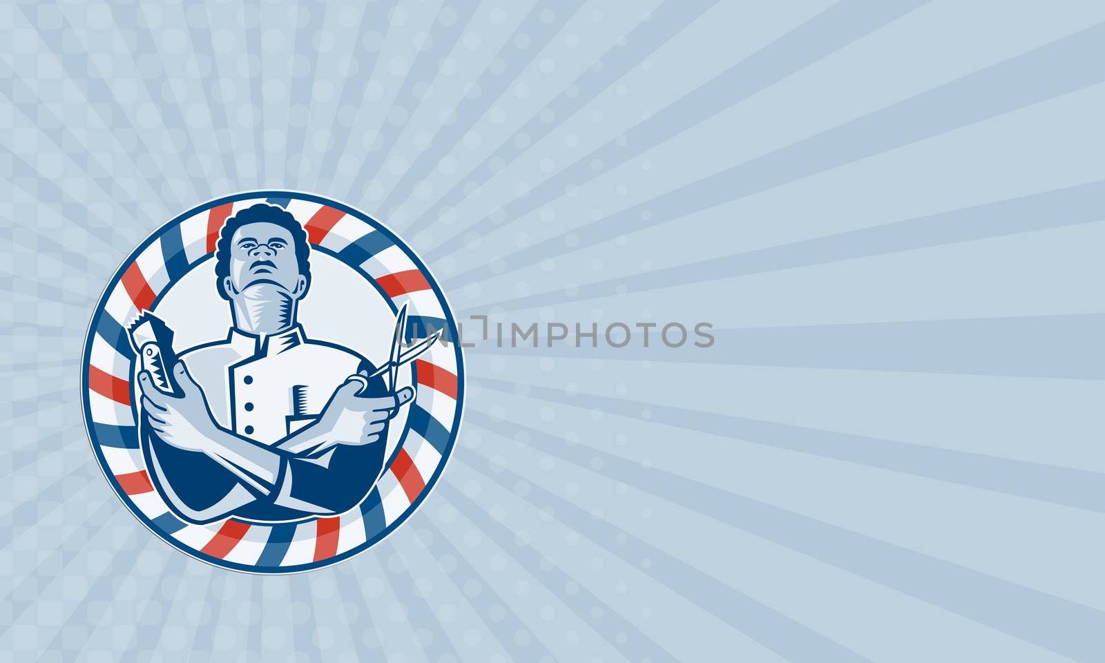 Business card showing illustration of an african american barber with arms crossed holding a hair clipper and a pair of scissors with circular barber's  pole on isolated white background.