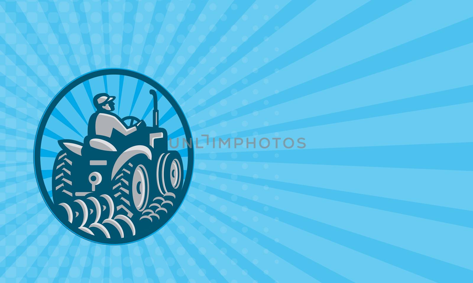 Business card showing illustration of a farmer plowing with vintage tractor viewed from the rear set inside oval done in retro style.