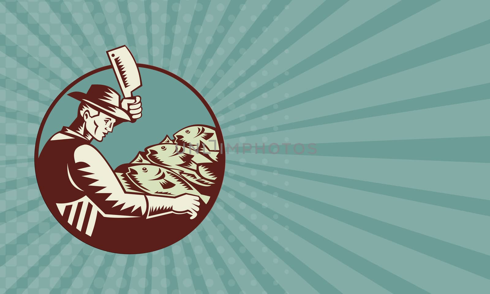 Business card showing illustration of a fishmonger butcher with meat cleaver knife chopping fish viewed from side set inside circle done in retro woodcut style.