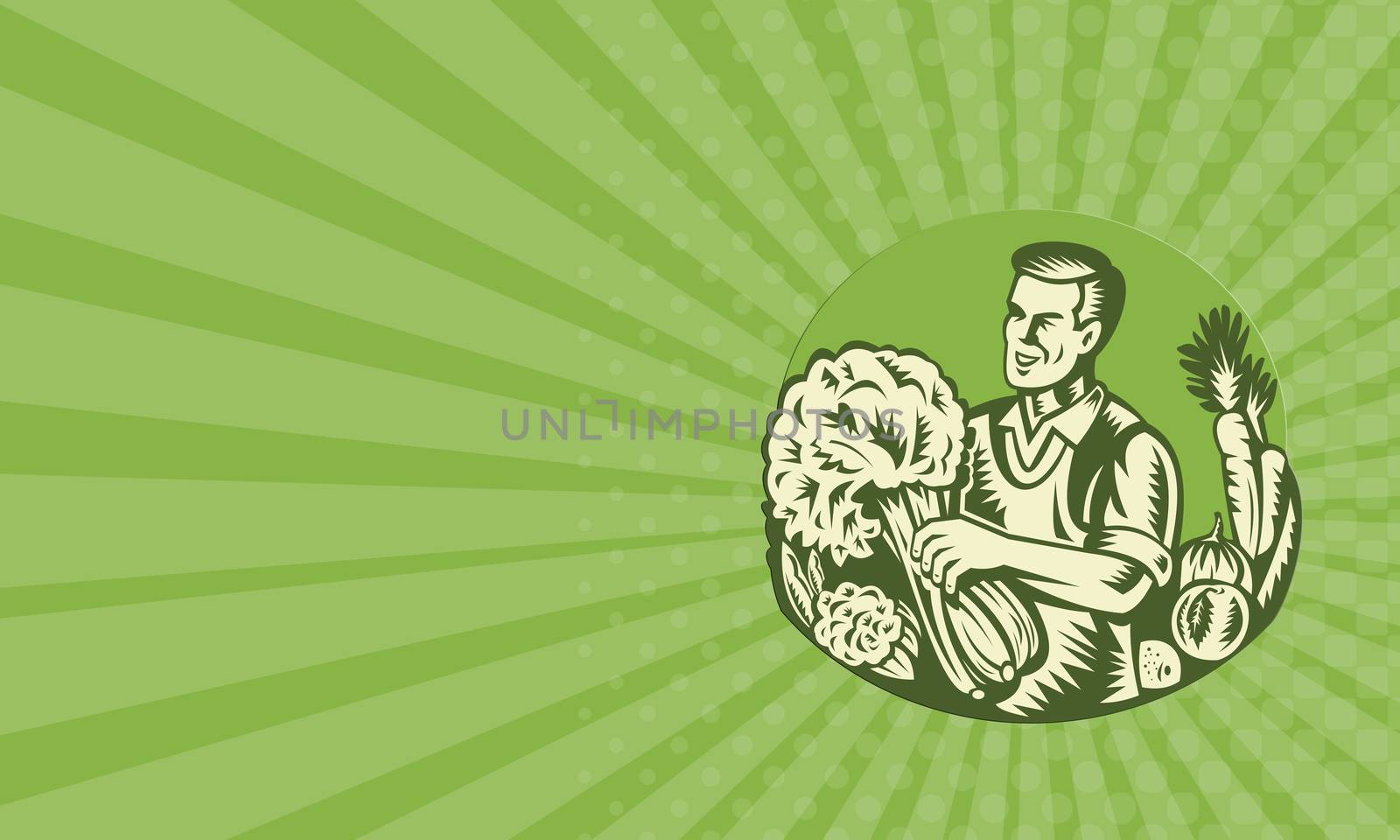 Business card showing illustration of an organic farmer green grocer harvesting green leafy vegetables set inside circle done retro woodcut style.