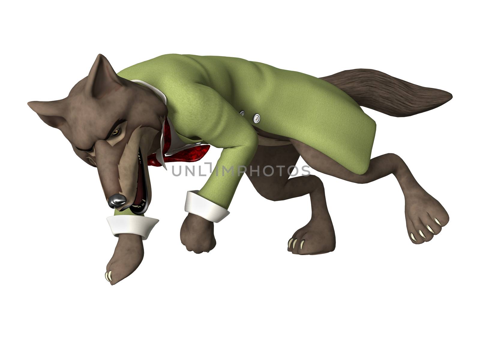 3D digital render of a fairytale wolf isolated on white background