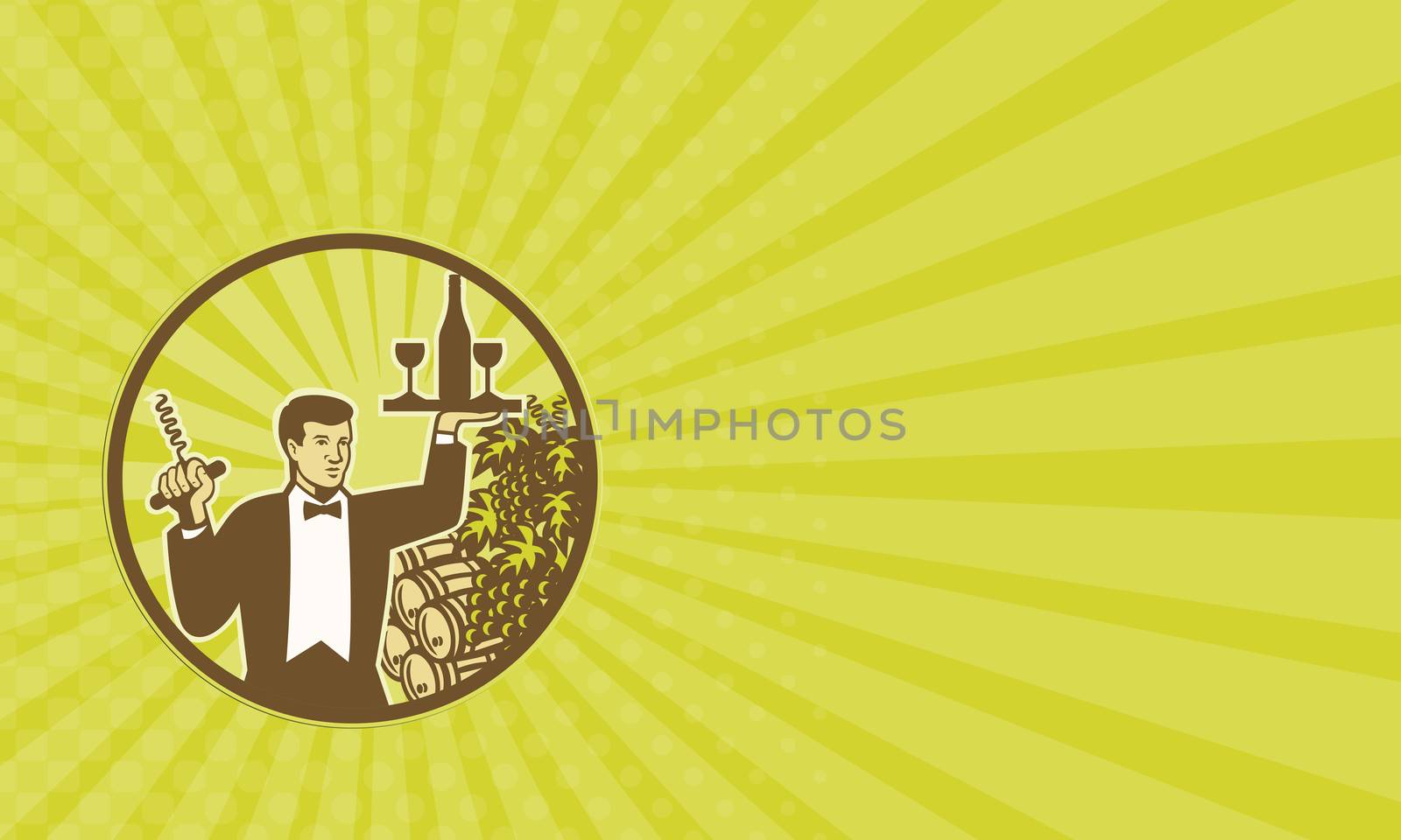 Business card showing illustration of a waiter holding cork screw and serving wine bottle and glass on platter with wine barrel and grape vine and fruit in background set inside circle retro style.