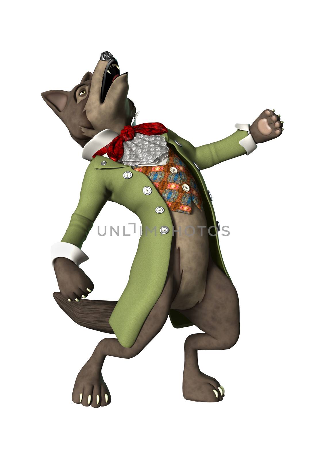 3D digital render of a fairytale wolf isolated on white background