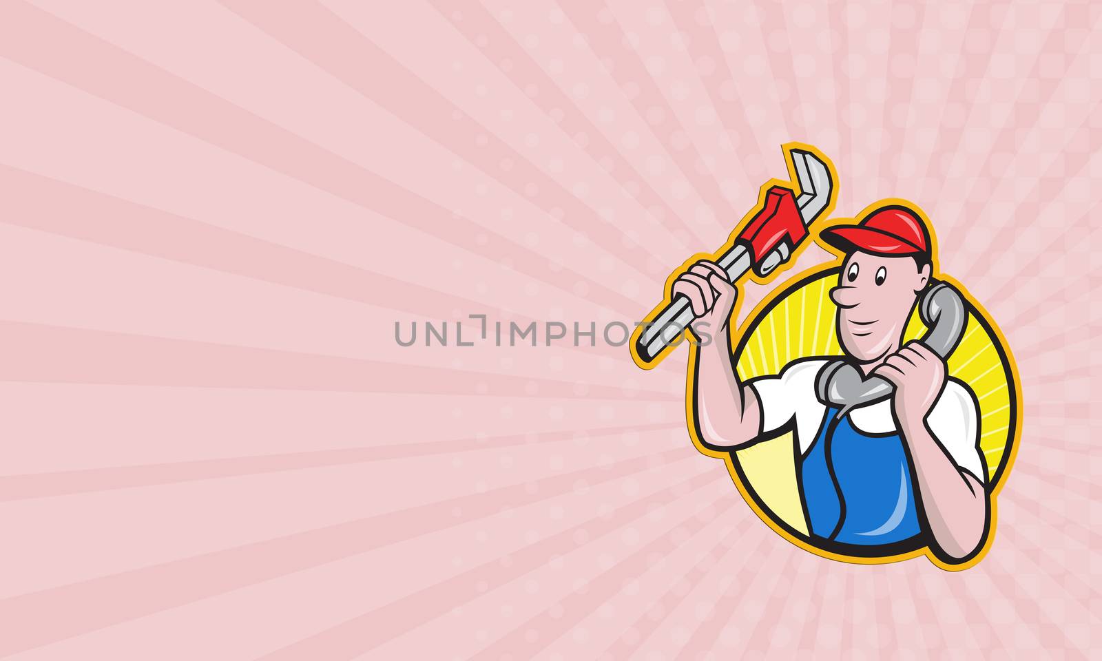 Business card showing Cartoon illustration of a plumber worker repairman tradesman with adjustable monkey wrench talking on telephone phone set inside circle.
