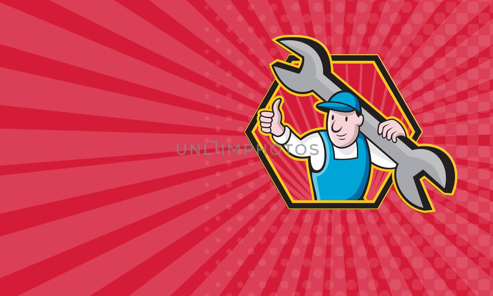 Business card showing Cartoon illustration of a mechanic worker carrying giant spanner wrench holding thumb up set inside hexagon.
