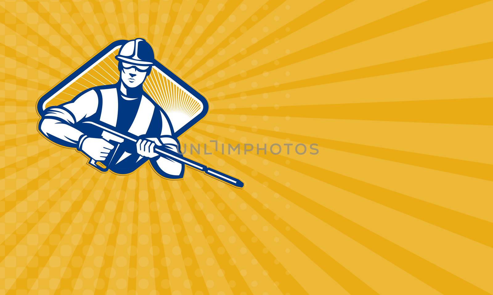 Business card showing illustration of a worker with water blaster pressure power washing sprayer spraying set inside diamond shape facing front done in retro style.

