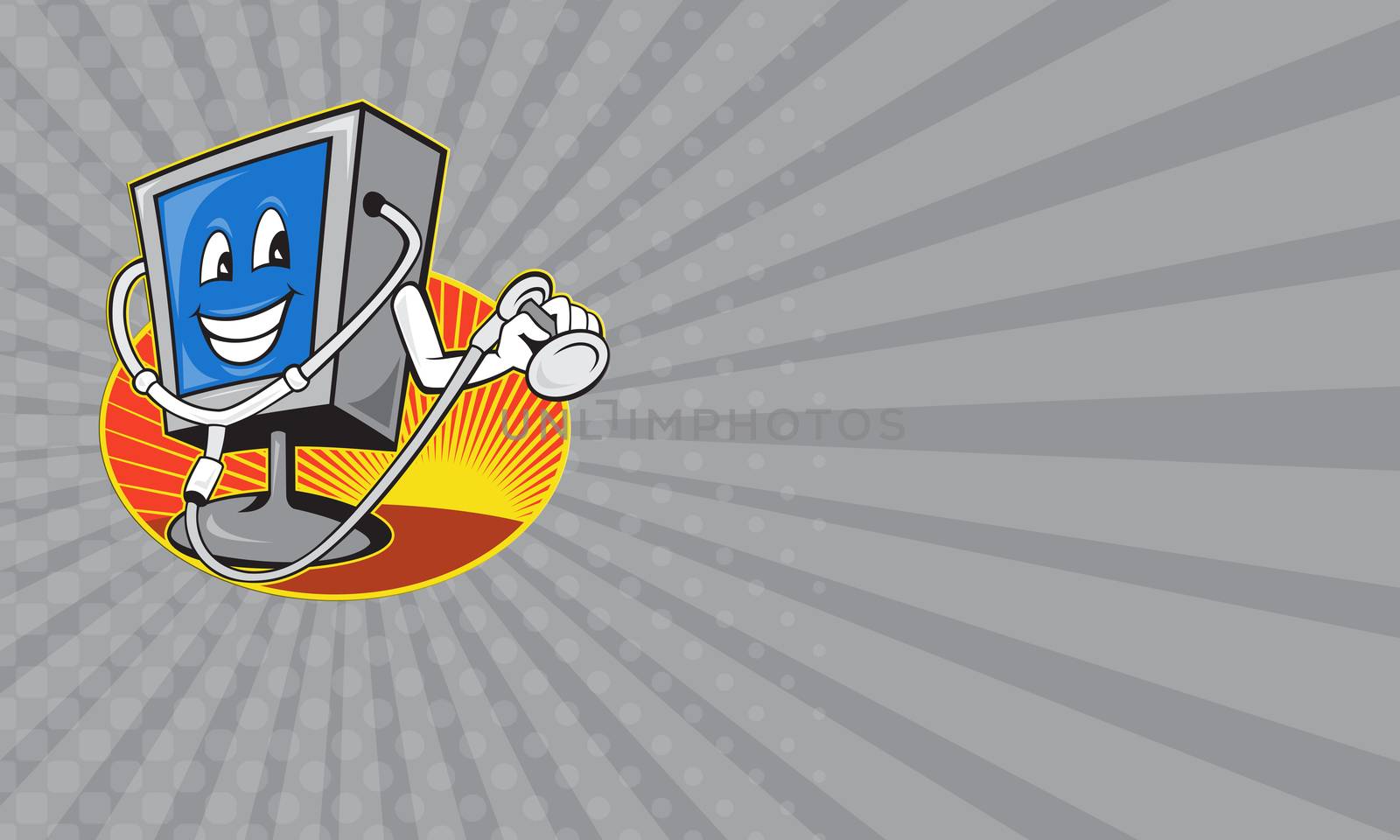 Business card showing illustration of computer tv monitor screen with doctor stethoscope done in cartoon style set inside oval.
