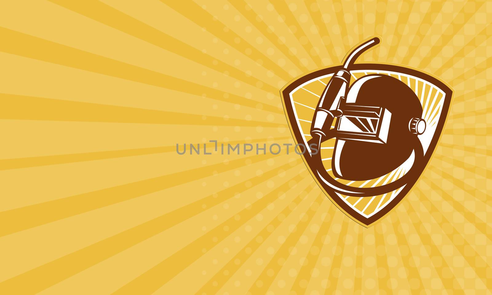 Business card showing illustration of a welding torch and welder visor mask set inside shield done in retro woodcut style.