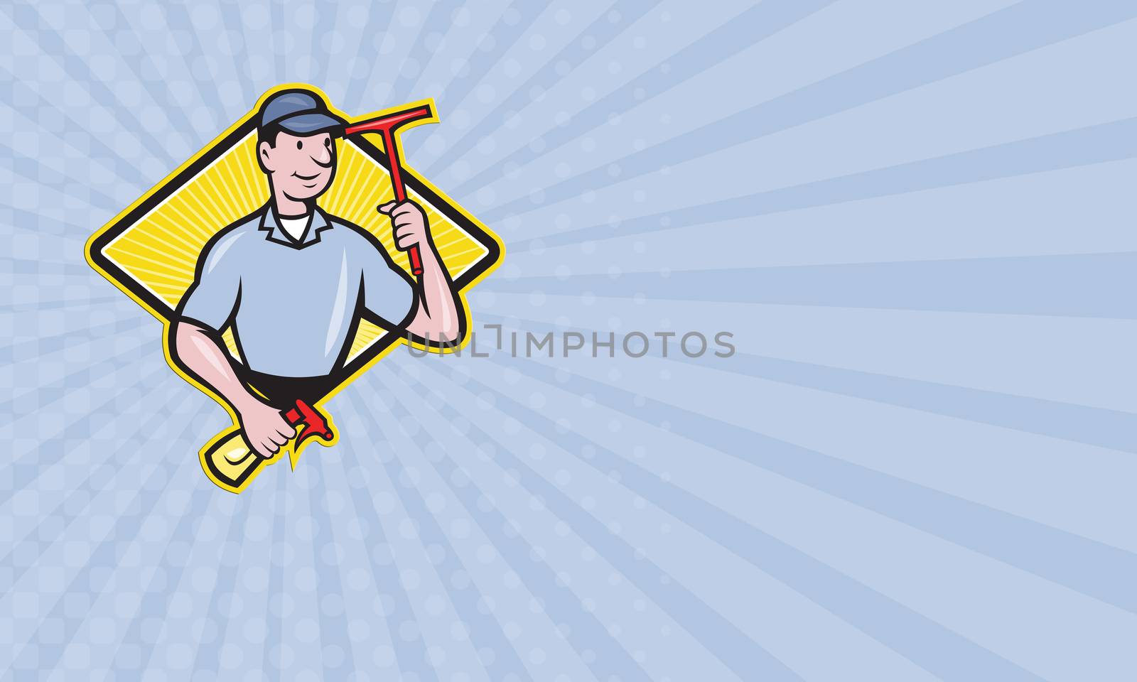 Business card showing illustration of window cleaner with squeegee and spray bottle set inside diamond shape done in cartoon style.