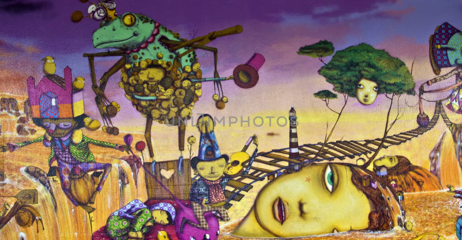 SAO PAULO, BRAZIL - MAY 30, 2015: An detail of one mural with graffiti of painters Gemeos in Ibirapuera Park, Sao Paulo, Brazil.