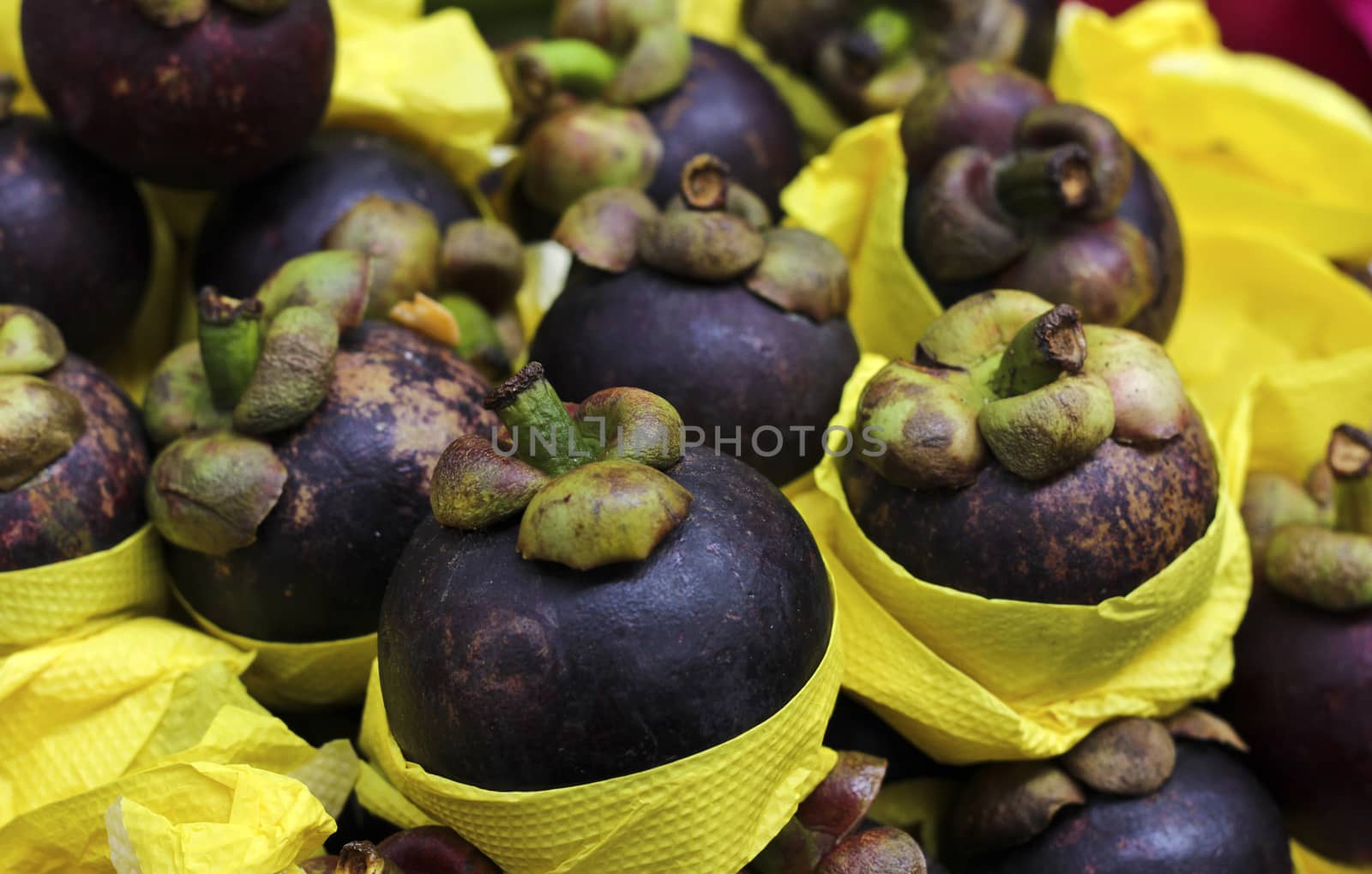 Exotic fruit purple mangosteen exposed in the Market