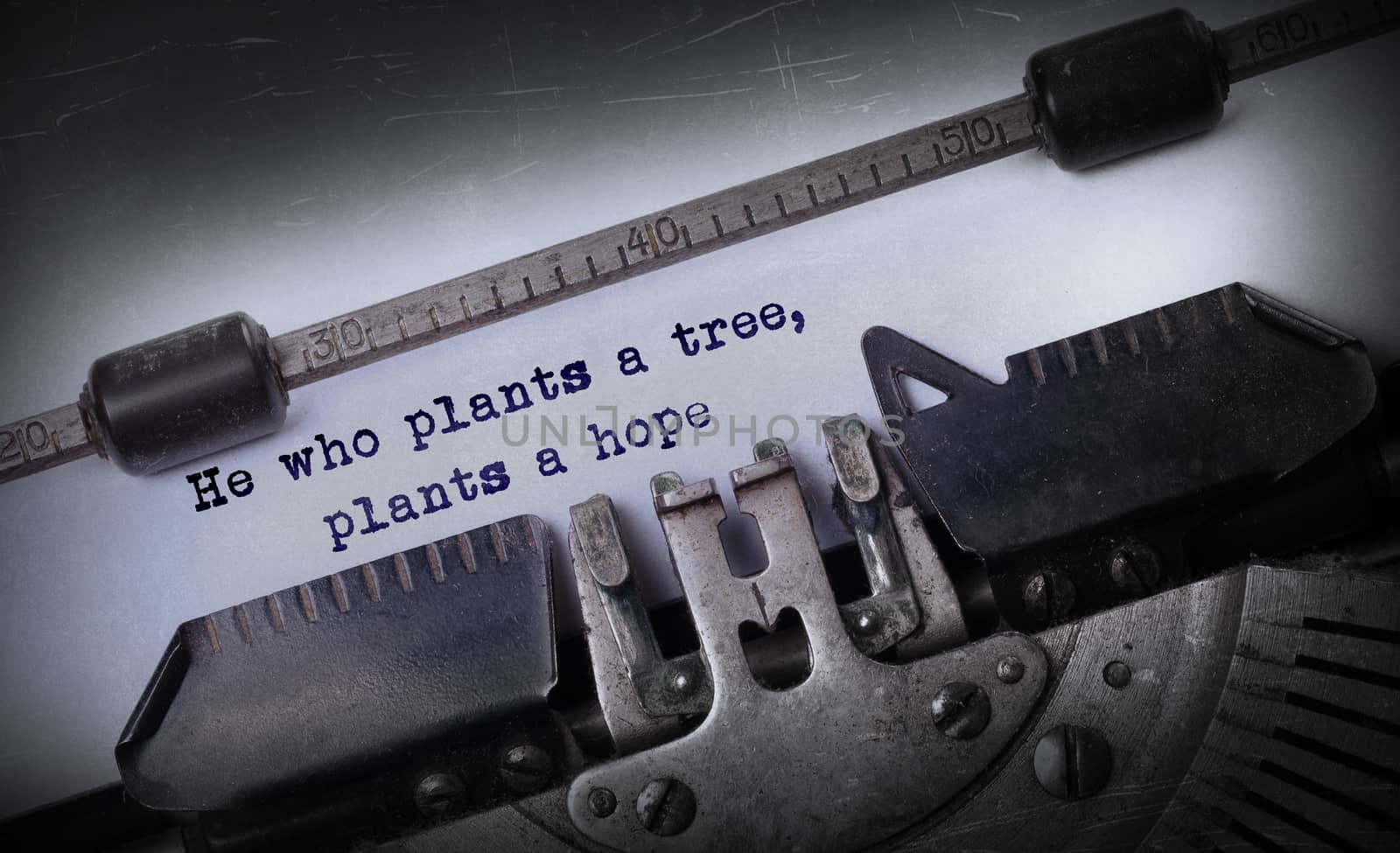 Vintage inscription made by old typewriter, He who plants a tree, plants a hope