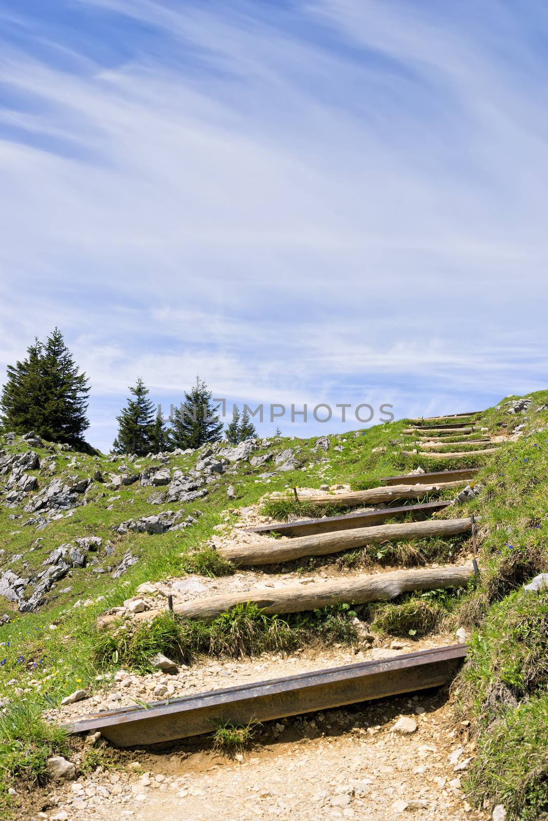 Path to the summit of the mountain Breitensteinwith free space in sky in Bavaria, Germany