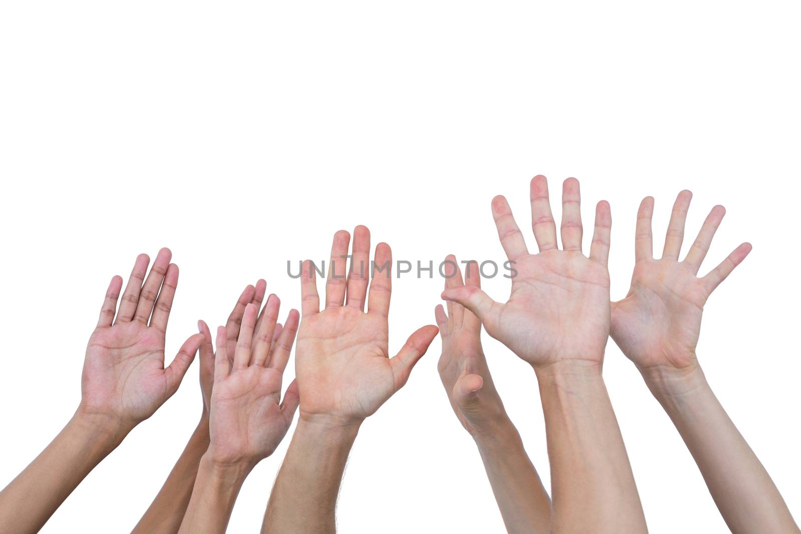 Composite image of people raising their hands in the air