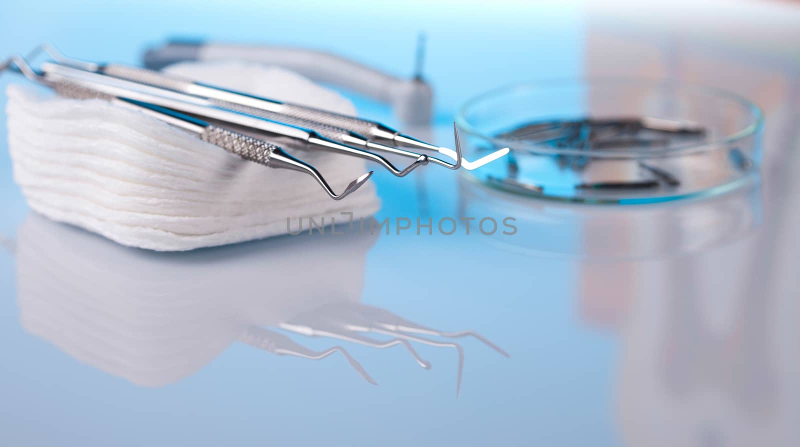 Dental tools and equipment, bright colorful tone concept