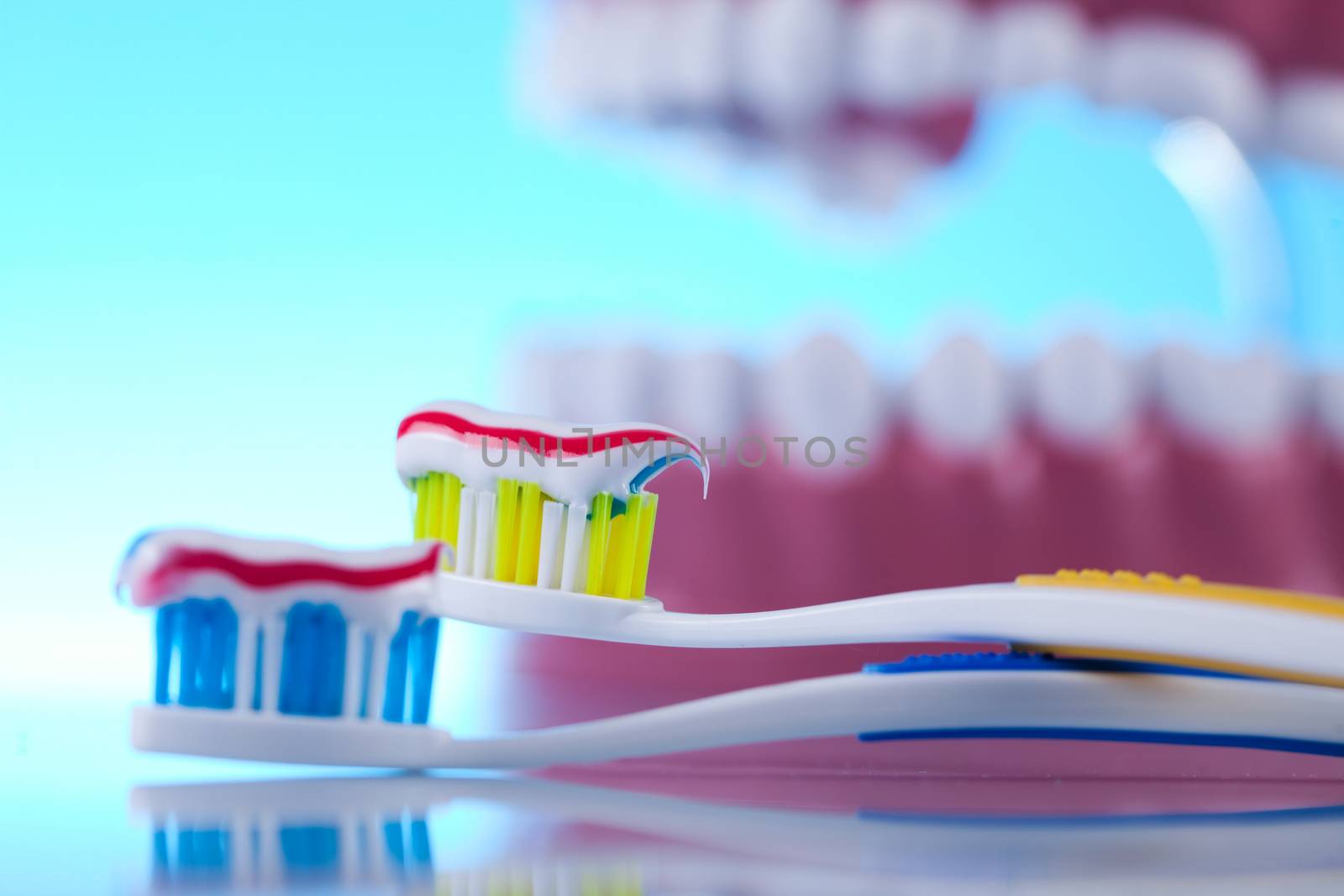 Dentist equipment on blue background