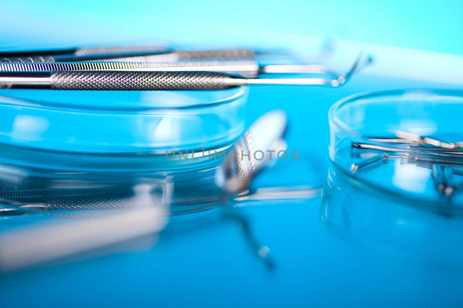 Dentist equipment on blue background