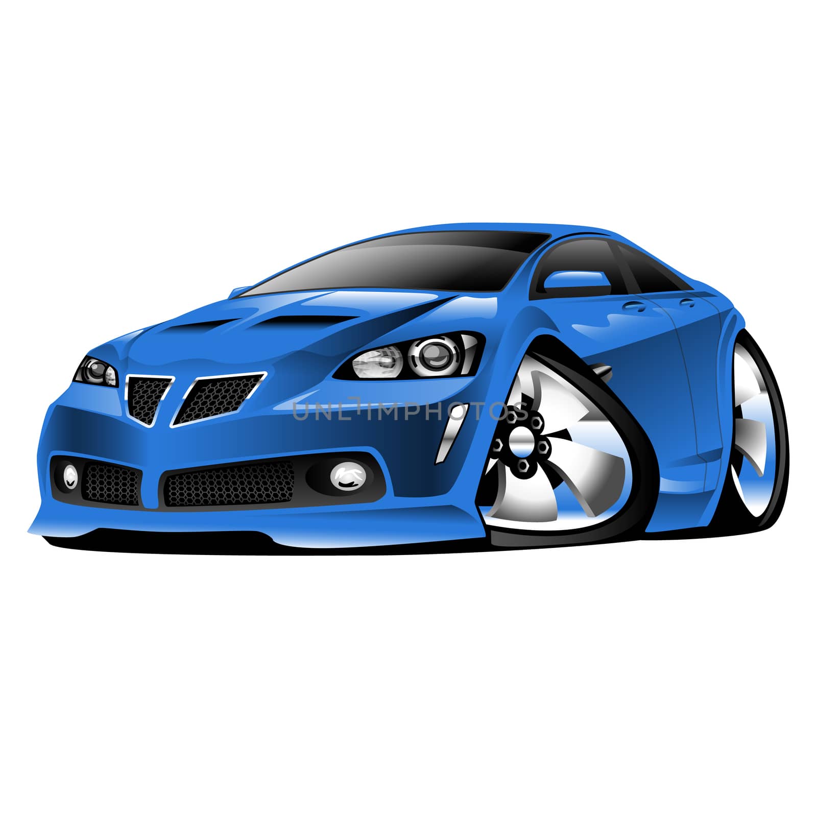 Hot American muscle car cartoon. Blue, lots of chrome, aggressive stance, low profile, big tires and rims.
