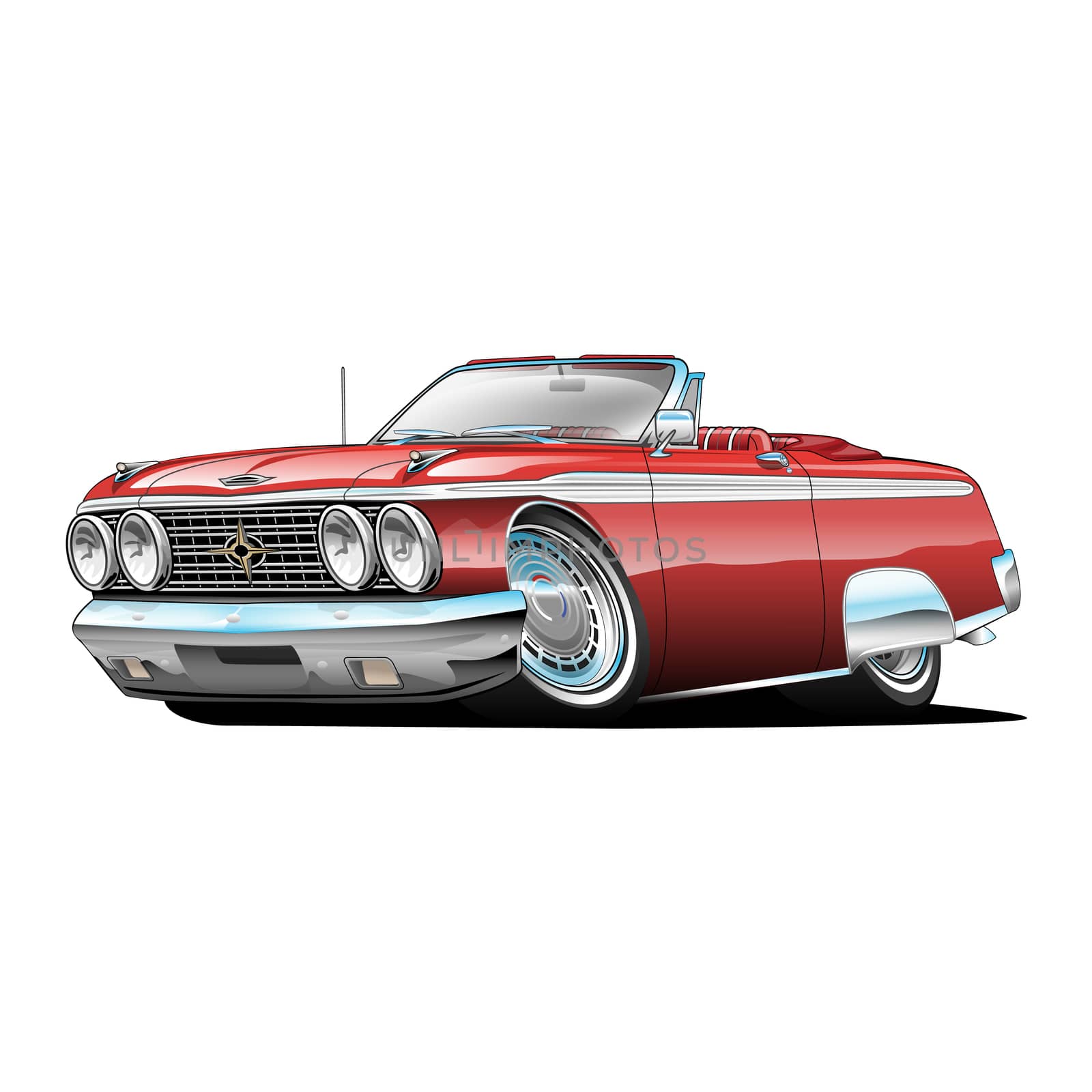 Hot American convertible vintage car cartoon. Red, lots of chrome, aggressive stance, low profile, big tires and rims.