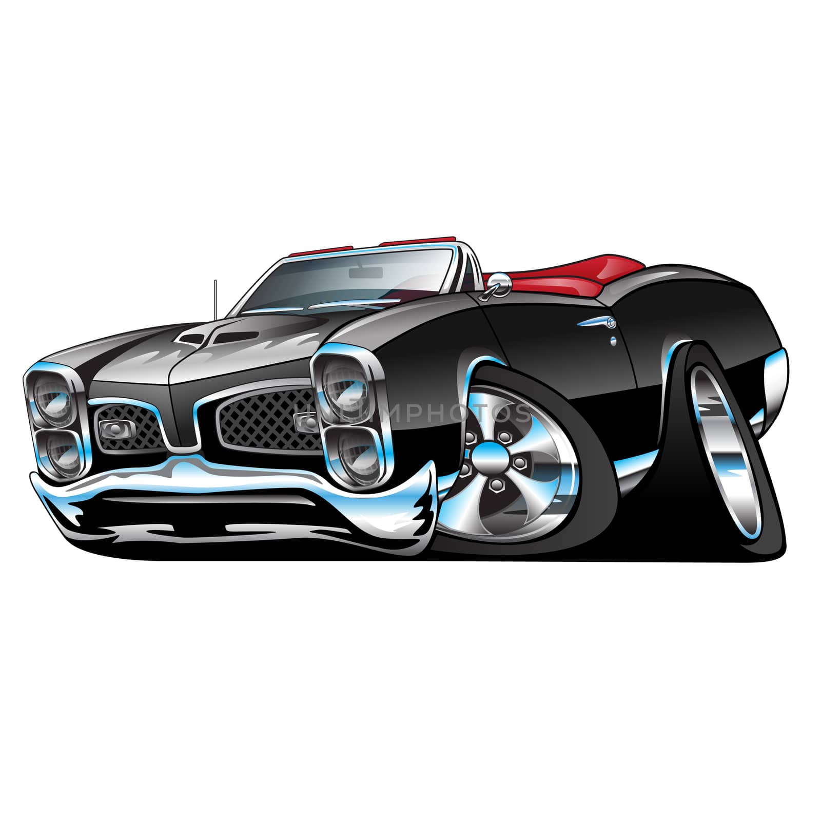 Hot American convertible muscle car cartoon. Black, lots of chrome, aggressive stance, low profile, big tires and rims.