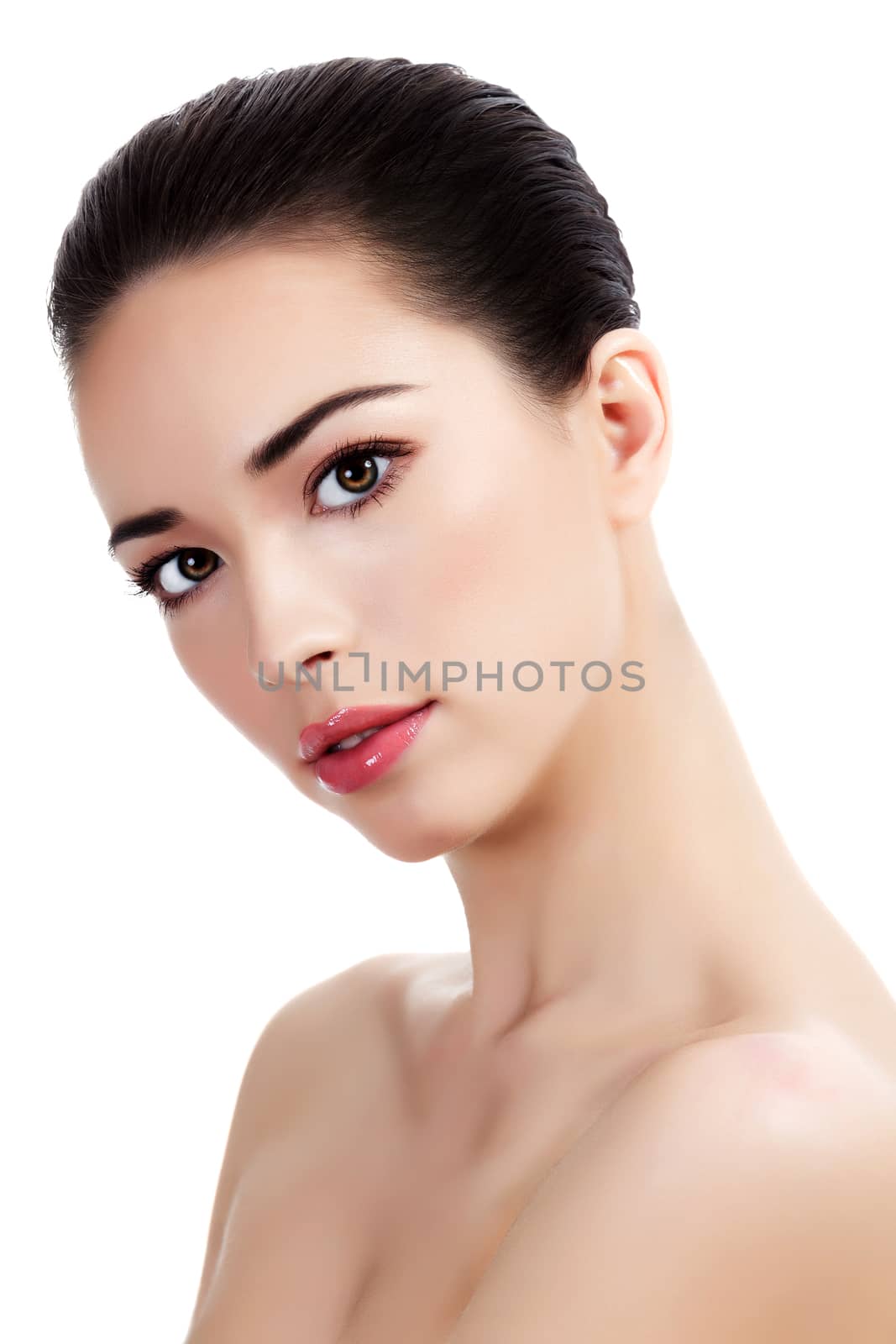 Beautiful girl with clean fresh skin, white background by Nobilior