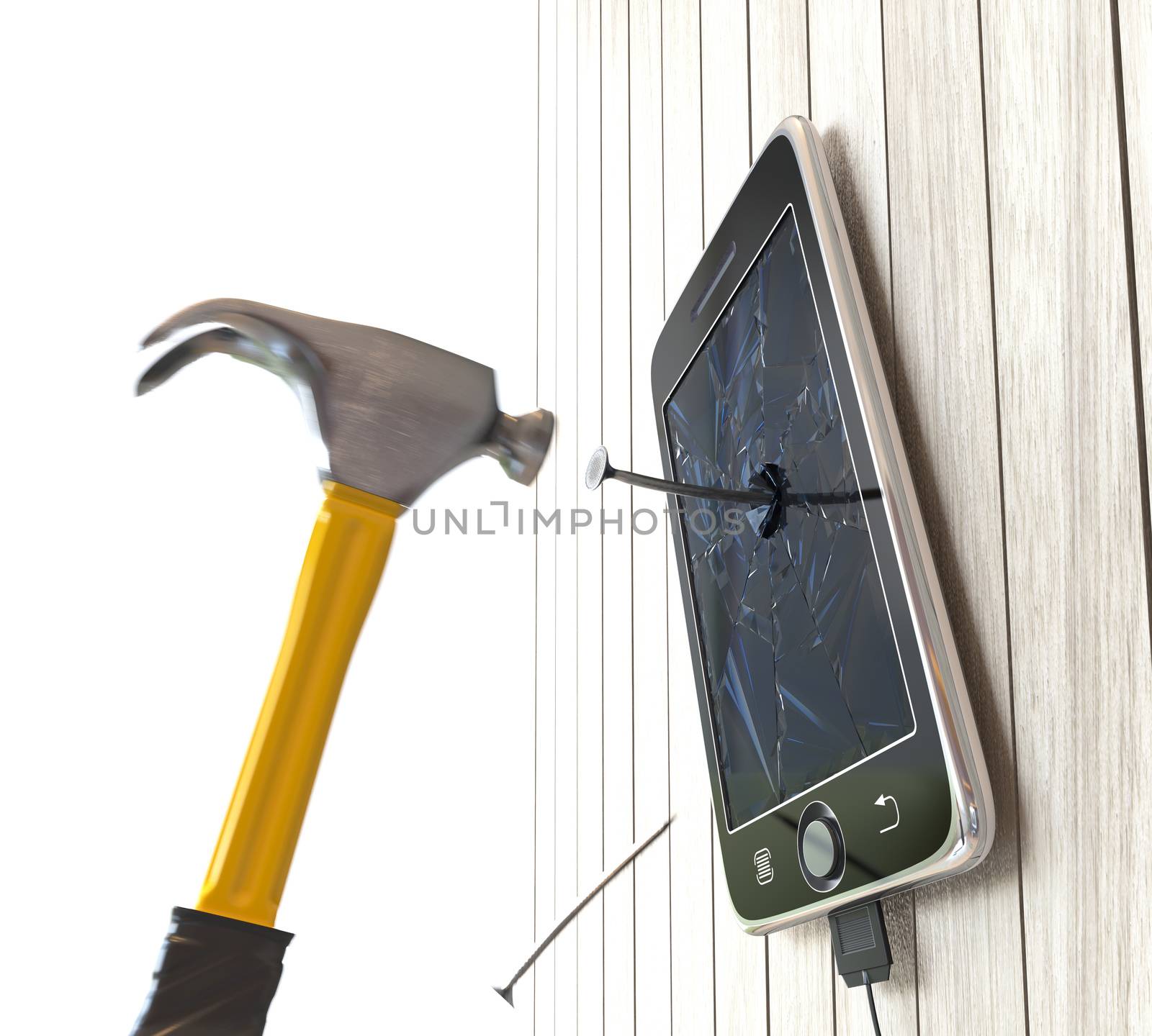 hammer and digital tablet on wooden desk with nails concept background by denisgo