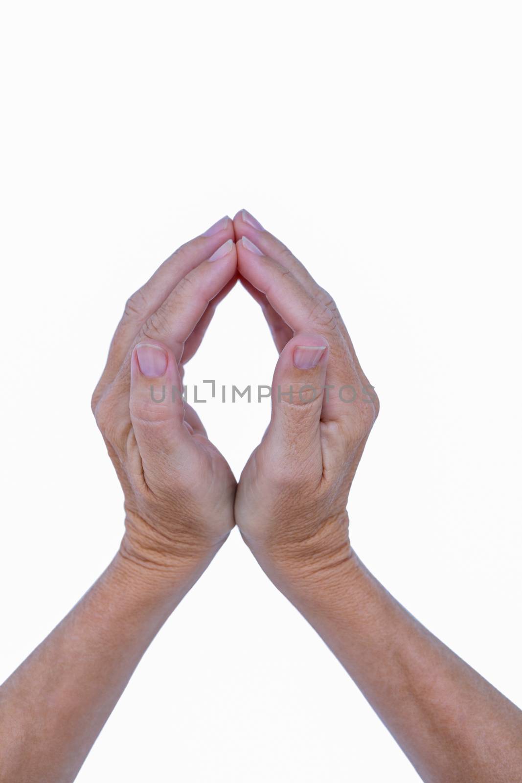 Close up view of hand on white background