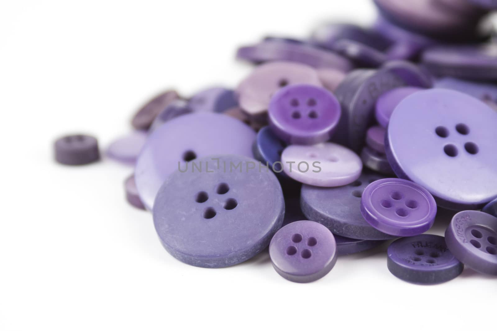 Close up of various purple button scattered on a white surface.