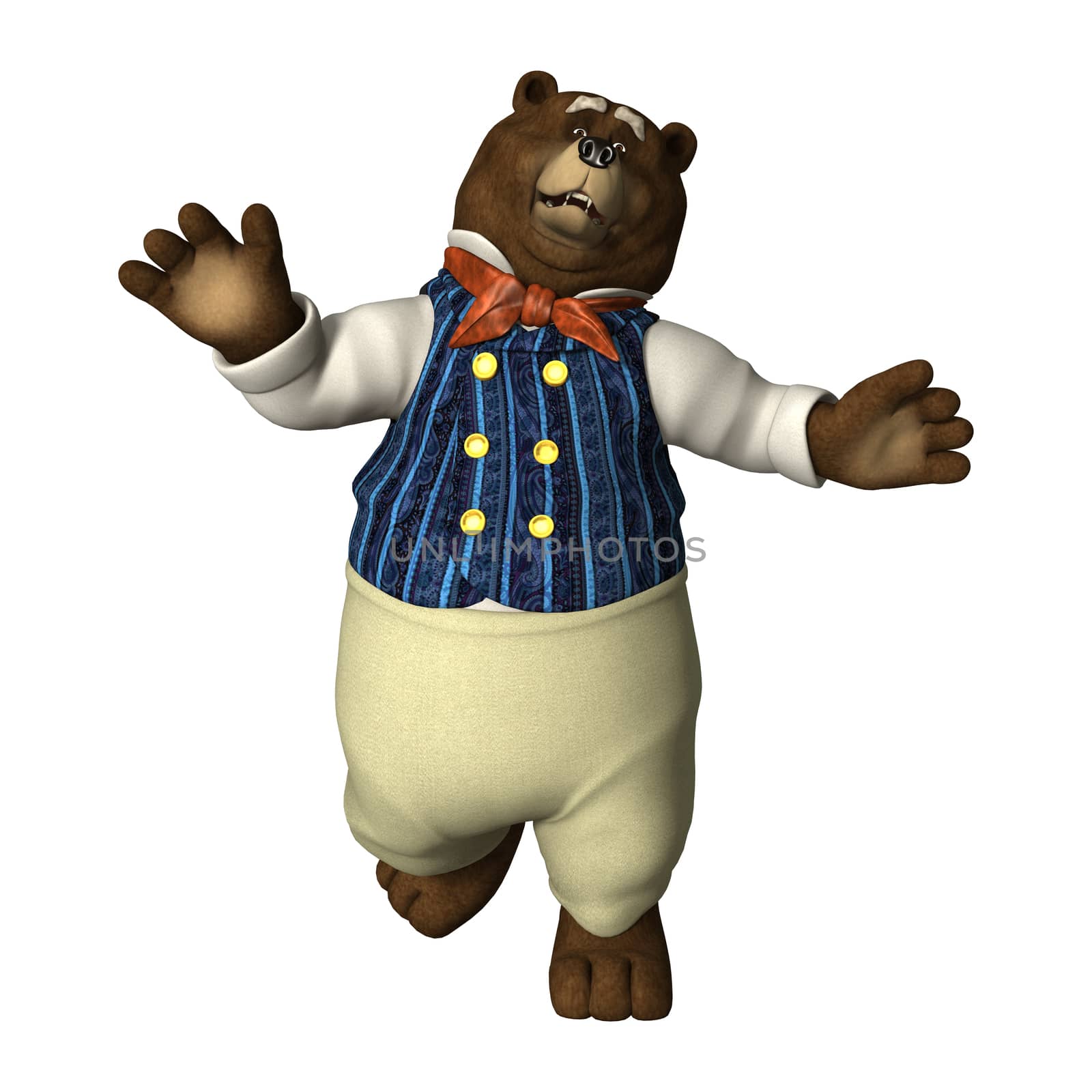 3D digital render of a fairytale bear running isolated on white background