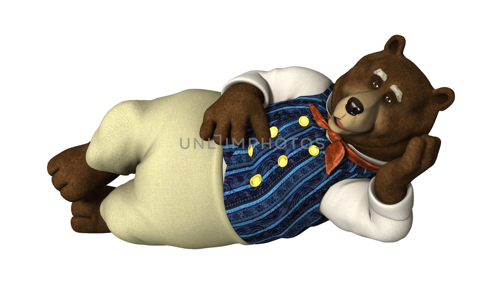 3D digital render of a fairytale bear resting isolated on white background