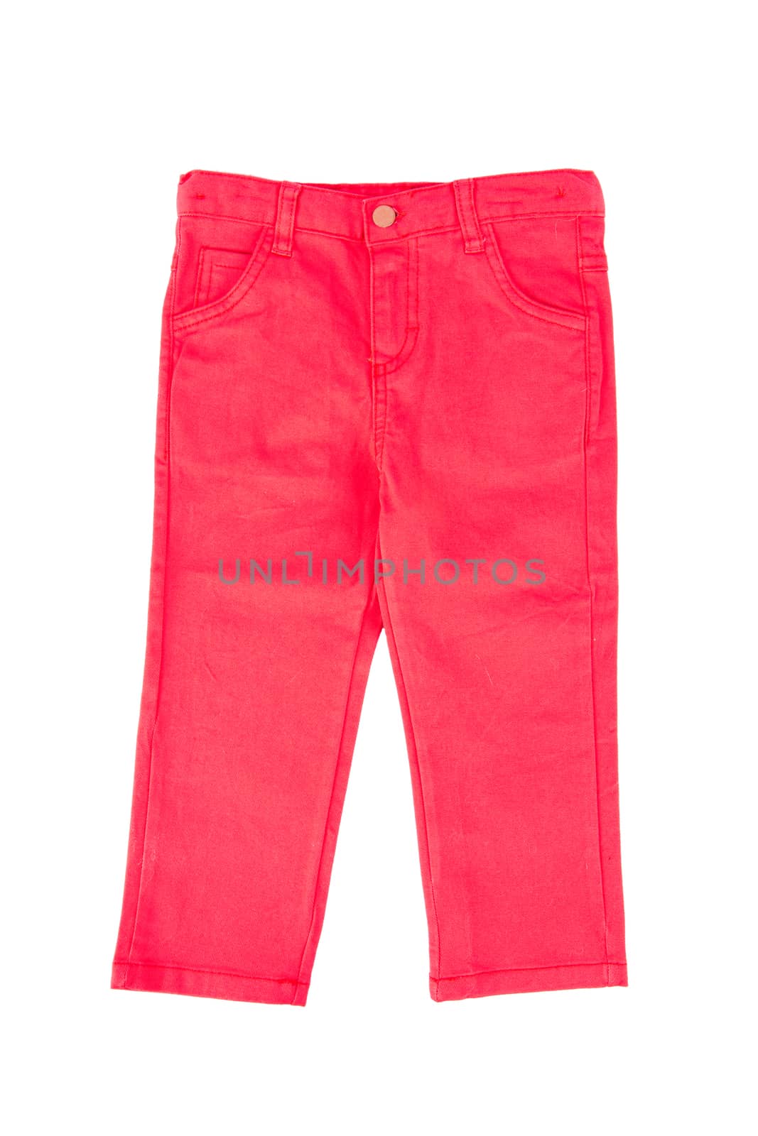 Close up front view of red chino child pants, isolated on white background.