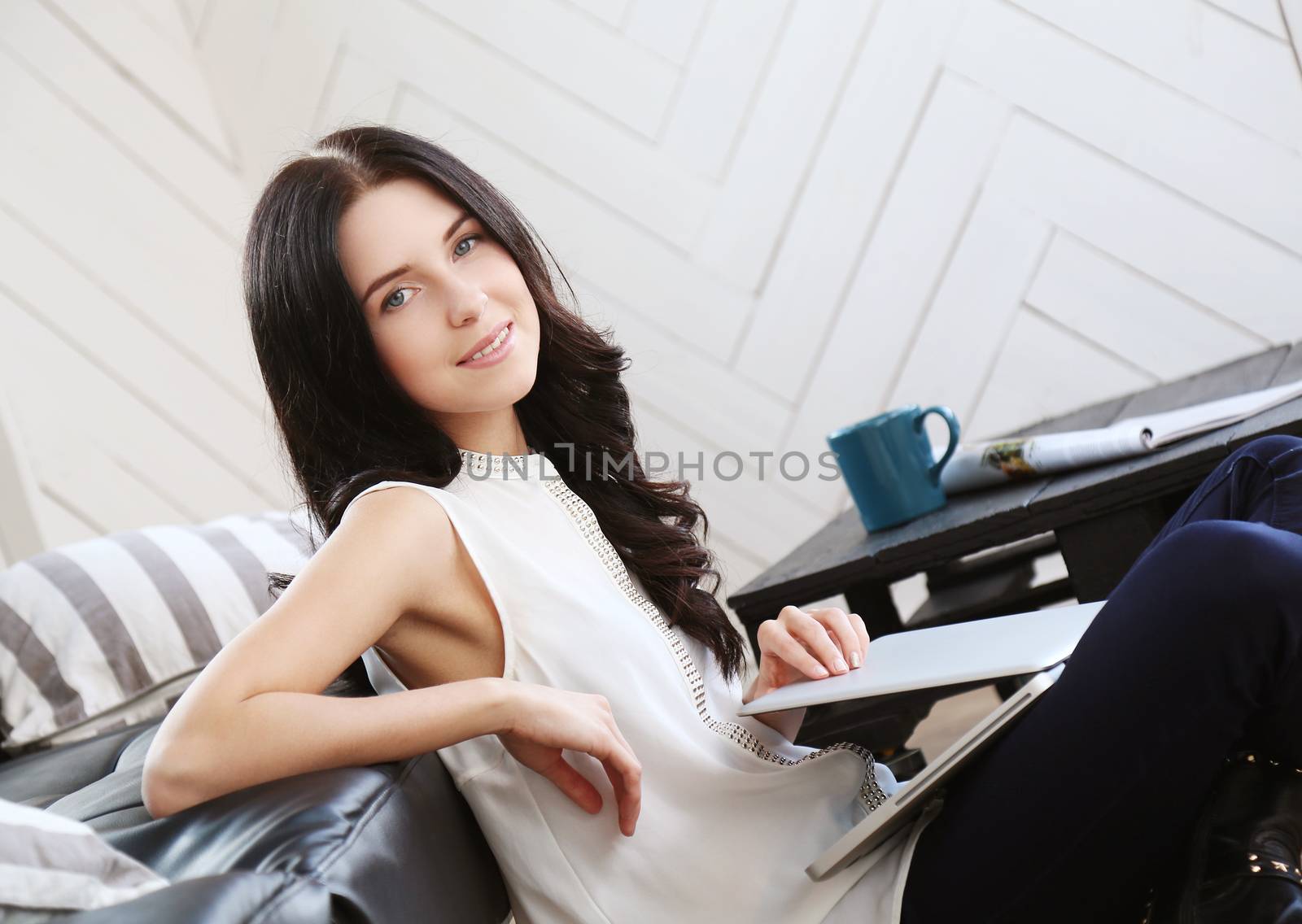 Brunette. Beautiful girl at home