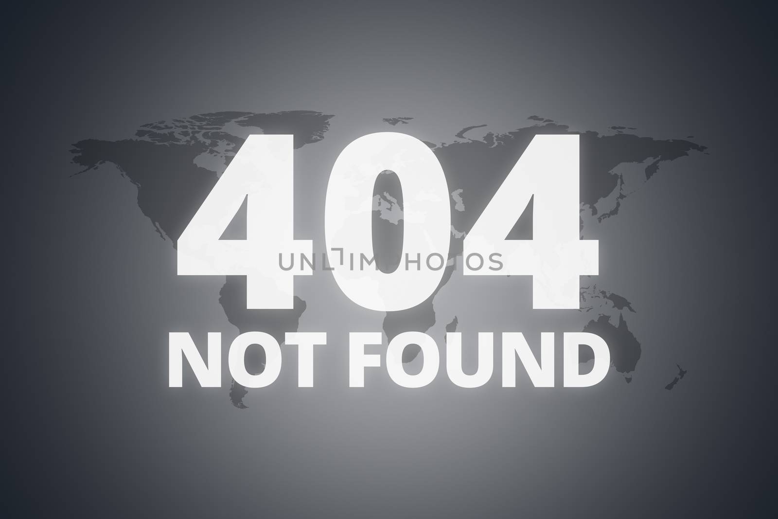 404 not found message on technological screen on dark world map background.
