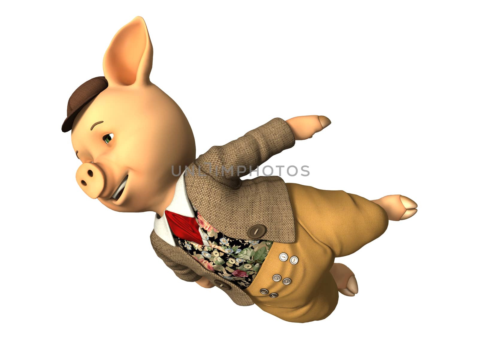 3D digital render of a little fairytale pig flying isolated on white background