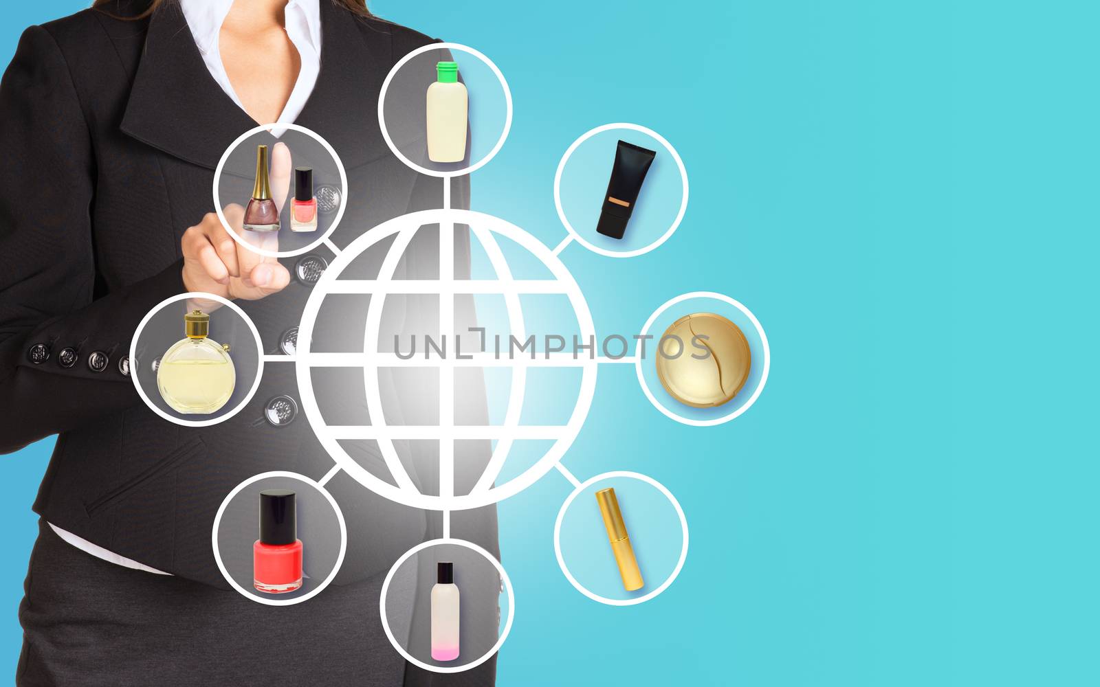 Businesswoman pressing on holographic screen with different cosmetics