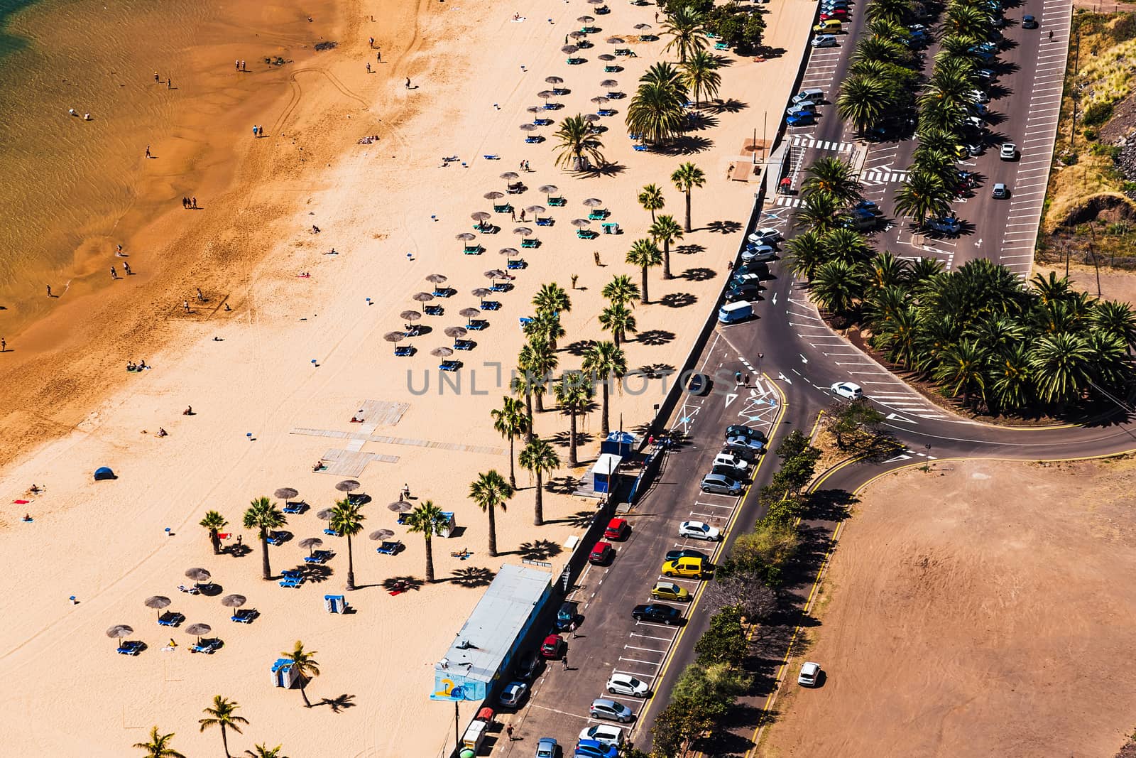 Aerial view to road near the beach Las Teresitas in Santa Cruz city on Tenerife Canary island, Spain at spring or summer