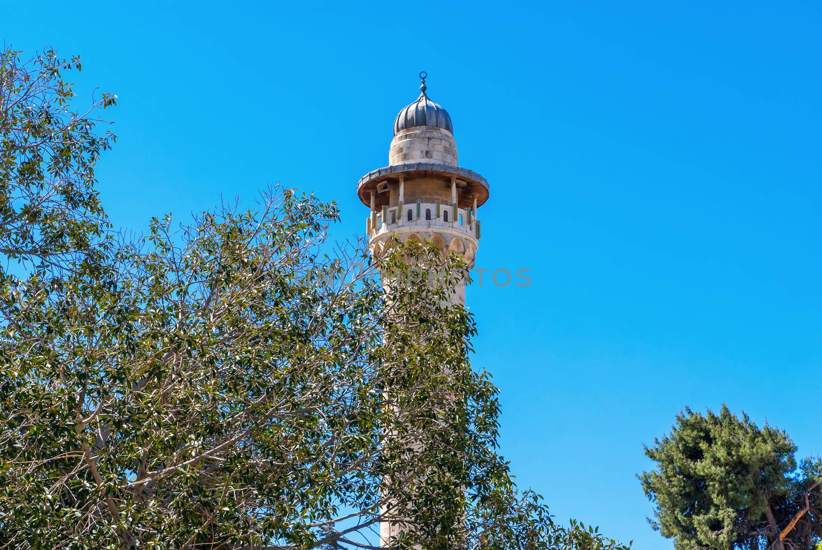 Minaret with a survey platform. Jerusalem old town. Israel